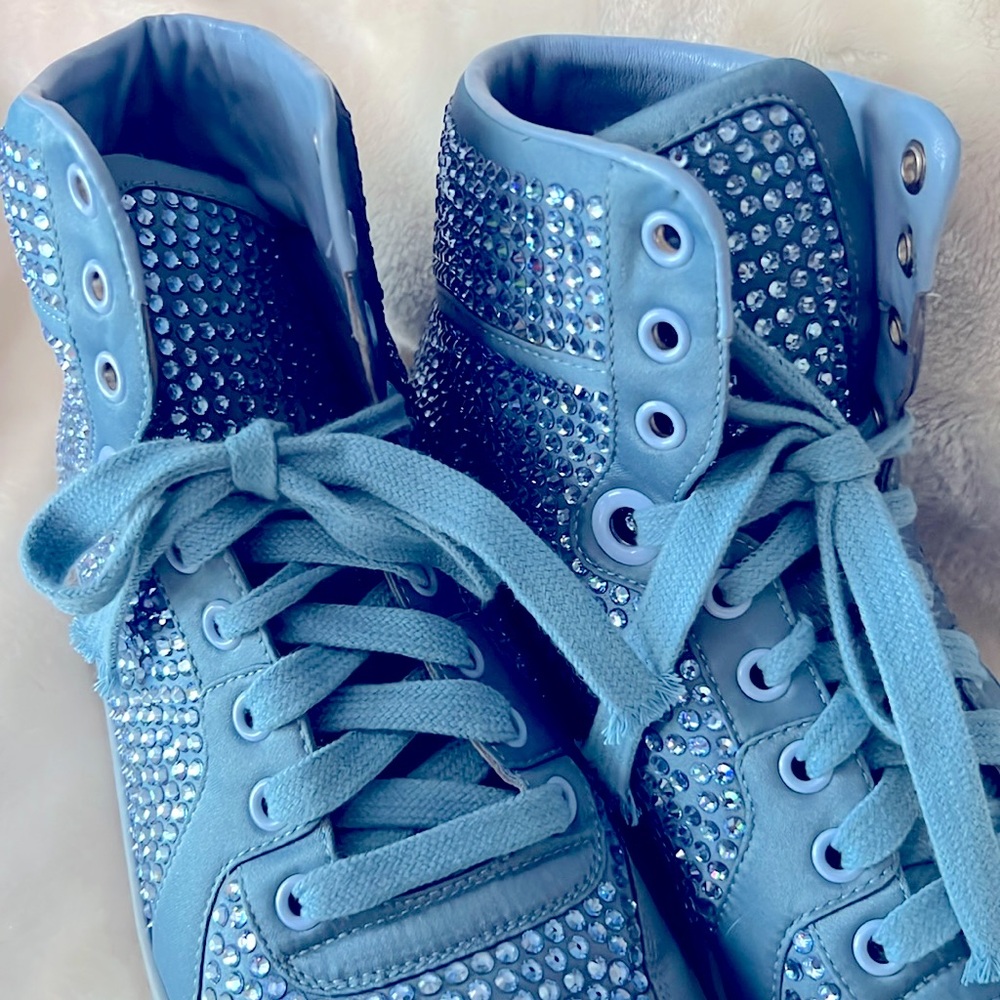 GUCCI 👟 RARE CODA BLUE SATIN LEATHER RHINESTONE CRYSTAL HIGH-TOP SNEAKERS 8.5 - Picture 7 of 15